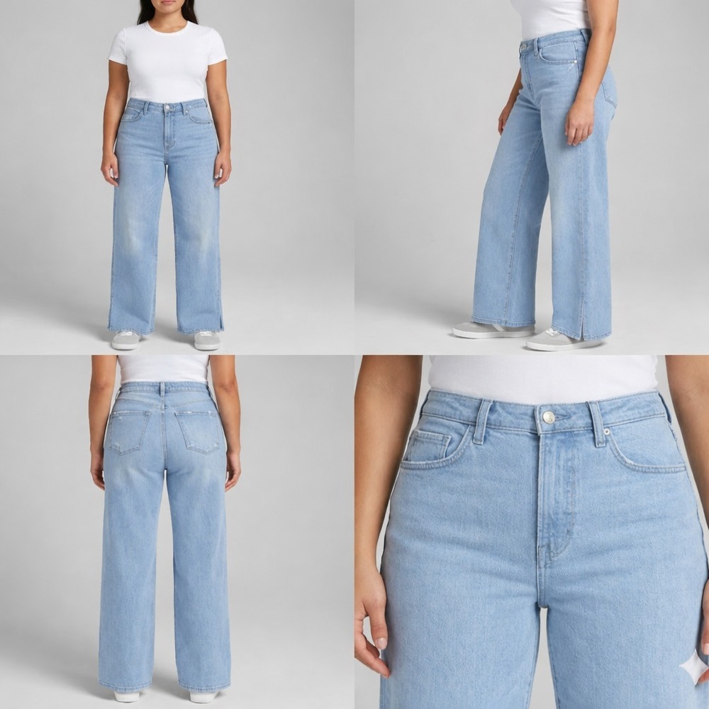 AnnieWear Wide-Leg Denim Jeans Womens M Gray Feded Split Hem Comfort Stretch